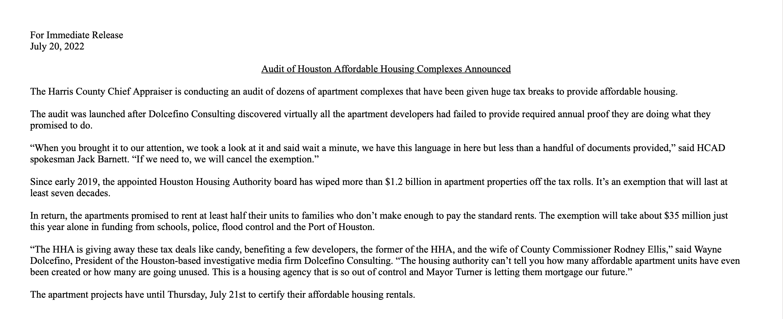 Audit of Houston Affordable Housing Complexes Announced 